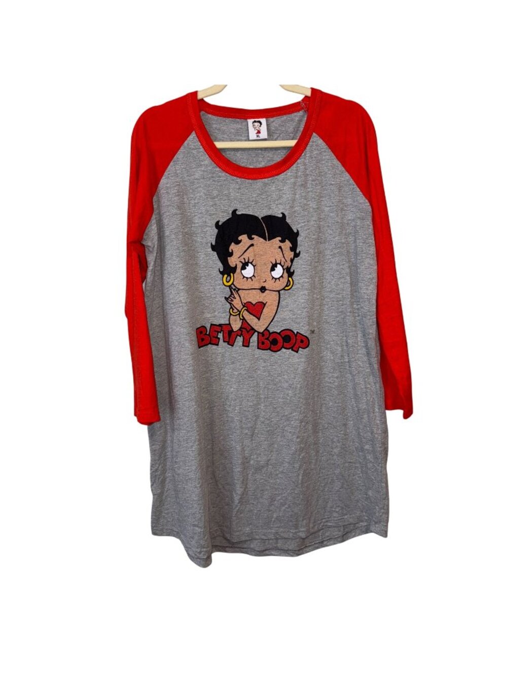 Betty Boop Gray & Red Raglan Long Sleeve Nightshirt Womens XL Cotton Blend
